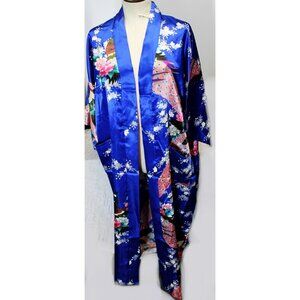 Blue Satin Japanese Kimono Style Floral Peacock Womens M Short Tie Robe